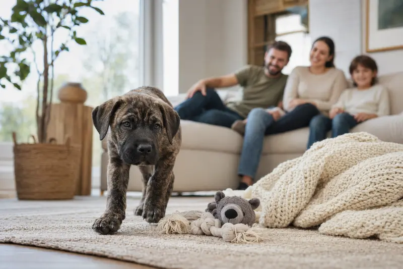Ein junger Presa Canario Welpe erkundet neugierig sein neues Zuhause mit einer weichen Decke und Spielzeug, während eine liebevolle Familie im Hintergrund zu sehen ist.
