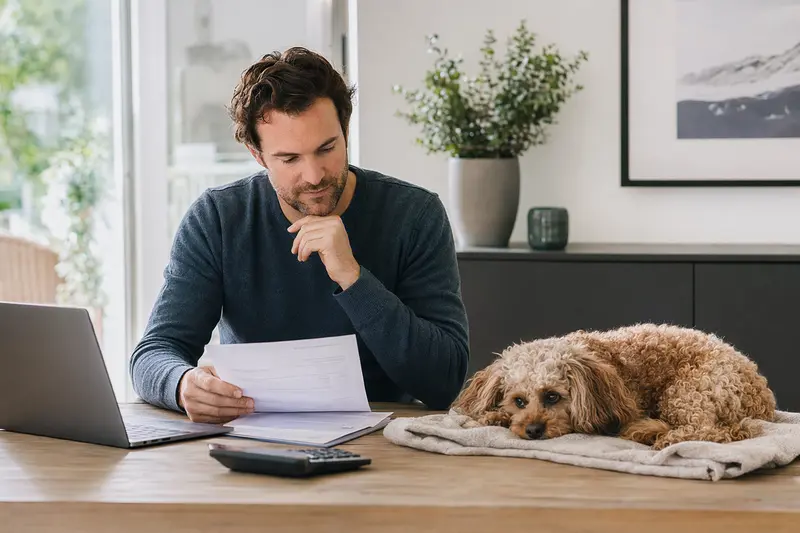 Ein Hundebesitzer sitzt mit einer Tierarztrechnung am Tisch, während ein entspannter Pudel auf einer Decke liegt – ein passendes Motiv zum Thema Hundekrankenversicherung und Tierarztkosten.