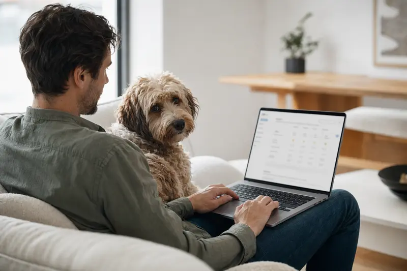 Ein Besitzer mit Laptop auf dem Sofa, neben einem Pudel, während er einen Versicherungsvergleich für seine Haustiere durchführt.