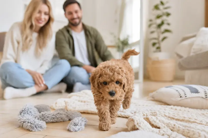 Ein neugieriger Pudel Welpe entdeckt sein neues Zuhause mit einer weichen Decke und Spielzeug, während seine liebevolle Familie im Hintergrund zu sehen ist.