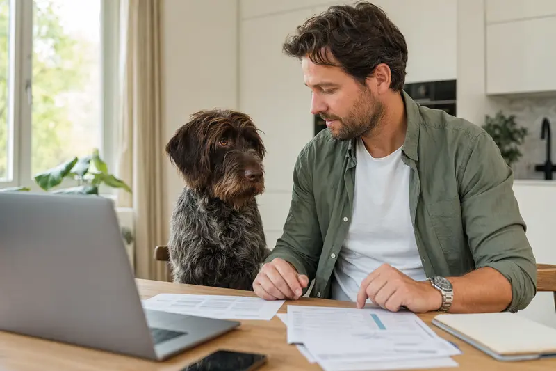 Ein Pudelpointer sitzt ruhig neben seinem Besitzer am Küchentisch mit Versicherungsunterlagen und einem Laptop mit neutraler Vergleichsseite.