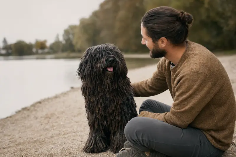 Ein aufmerksamer Puli Hund steht in natürlicher Haltung vor hellem Hintergrund und zeigt die typische Fellstruktur der Rasse.