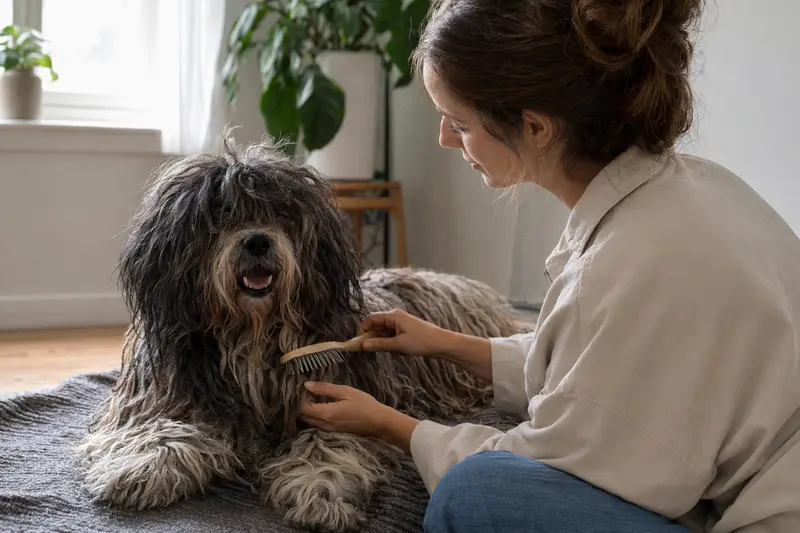 Ein Puli Hund wird in einer hellen Wohnung von seinem Besitzer sanft gebürstet und gepflegt.