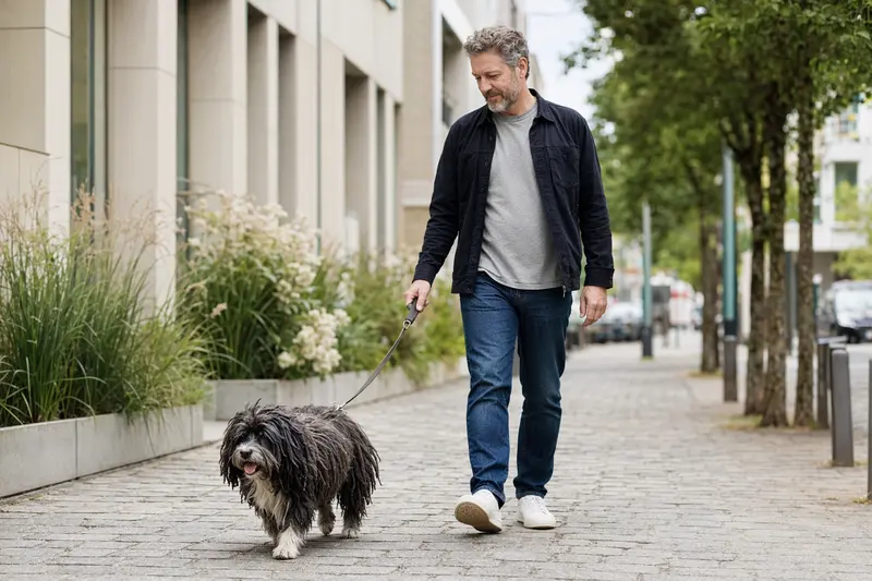 Ein Puli Hund läuft an der Leine mit seinem Besitzer durch eine freundliche moderne Stadtstraße.