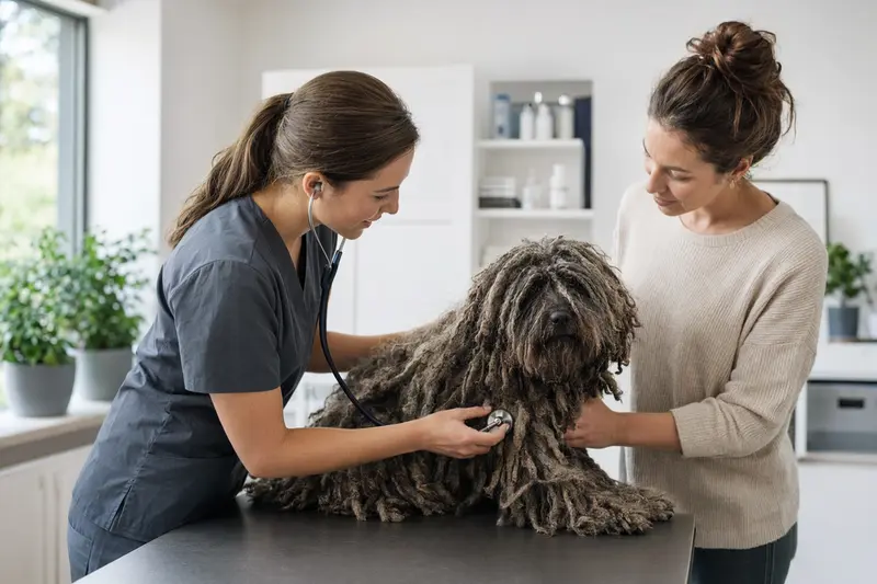 Ein ruhiger Puli Hund wird von einer freundlichen Tierärztin auf einem Untersuchungstisch in einer hellen Tierarztpraxis mit einem Stethoskop untersucht, während der Besitzer beruhigend danebensteht.
