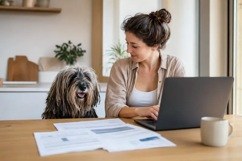 Puli Hund sitzt ruhig neben seinem Besitzer am Küchentisch mit Versicherungsunterlagen und Laptop zum Thema Tierkrankenversicherung.