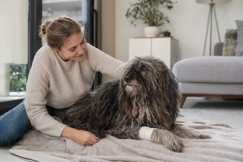 Puli Hund mit leichtem Verband an der Pfote liegt ruhig auf einer Decke neben seinem erleichterten Besitzer.