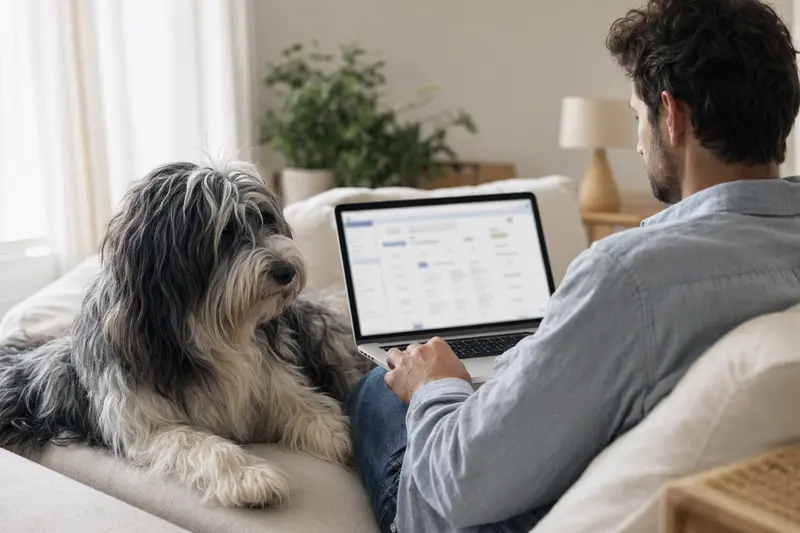Ein Hundebesitzer sitzt auf dem Sofa mit Laptop und einem Puli Hund, um eine Tierversicherung zu vergleichen.