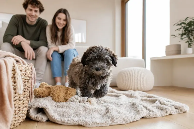Neugieriger Puli Welpe erkundet seine neue, liebevolle Umgebung mit Spielzeug und weicher Decke.