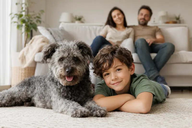 Ein freundlicher Pumi Hund liegt entspannt neben einem Kind im hellen Wohnzimmer und vermittelt eine sichere Familienatmosphäre mit Haustier.