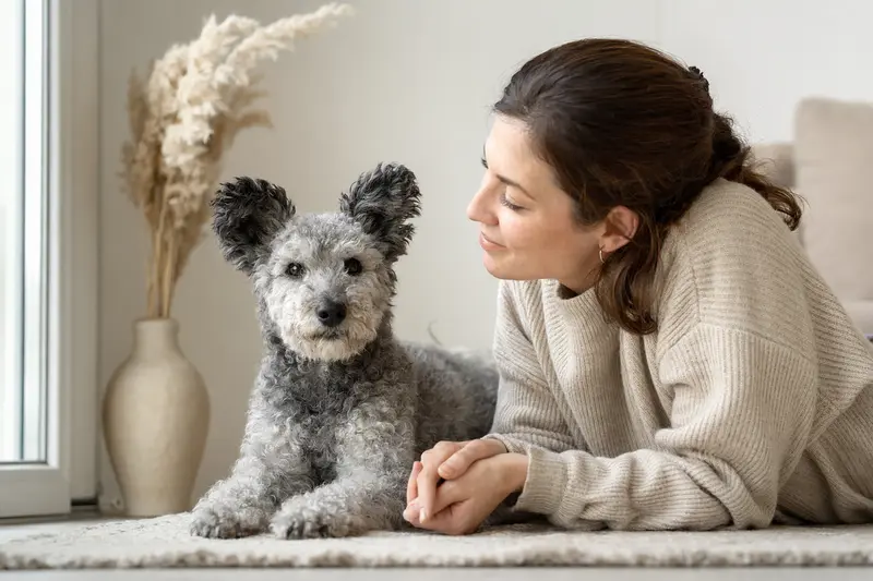 Ein aufmerksamer Pumi Hund steht in natürlicher Haltung vor hellem Hintergrund und zeigt die typische Fellstruktur der Rasse.