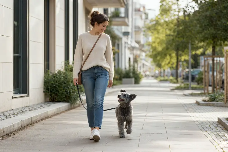 Ein Pumi Hund läuft an der Leine mit seinem Besitzer durch eine moderne Stadtstraße.