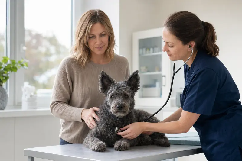 Ein Pumi Hund sitzt ruhig auf einem Untersuchungstisch in einer modernen Tierarztpraxis, während eine freundliche Tierärztin ihn vorsichtig mit einem Stethoskop untersucht.