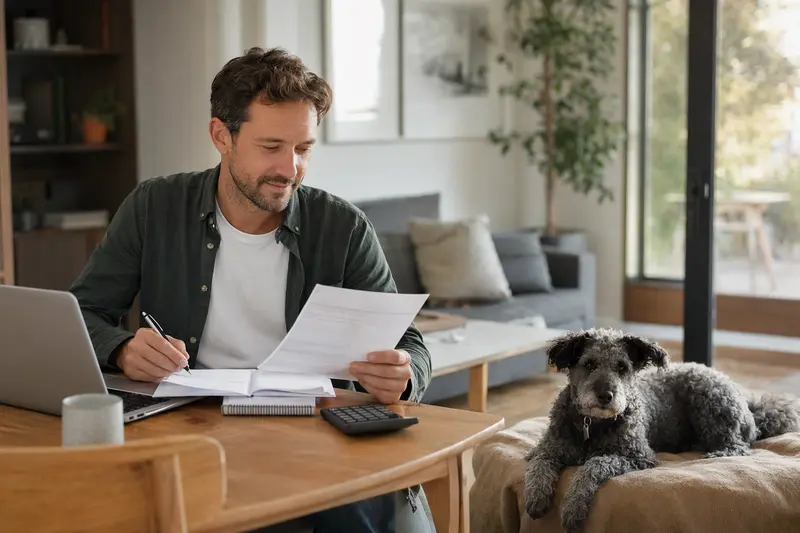 Ein Hundehalter sitzt mit einer Tierarztrechnung am Tisch, während ein entspannter Pumi Hund auf einer Decke daneben liegt.
