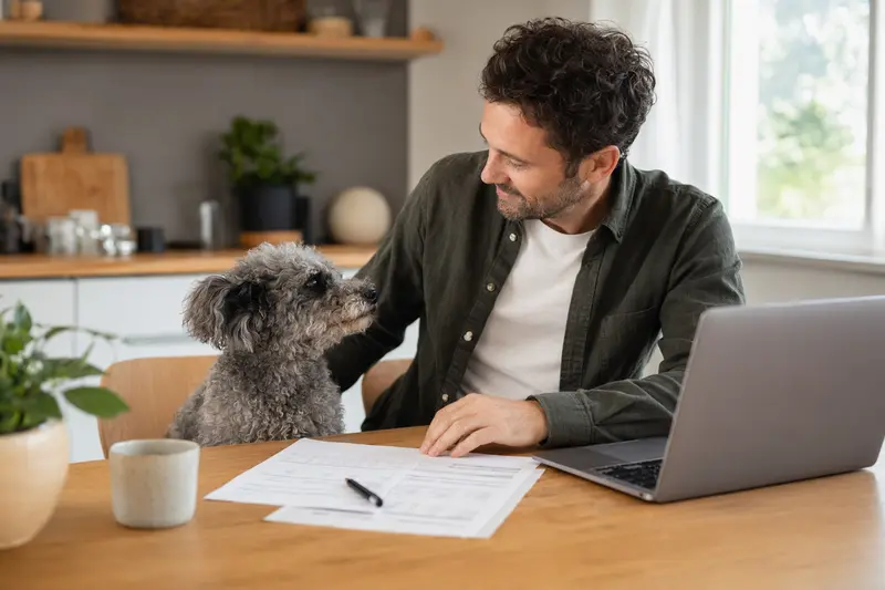 Ein Pumi Hund sitzt ruhig neben seinem Besitzer am Küchentisch mit Versicherungsunterlagen und einem Laptop zur Tierkrankenversicherung.