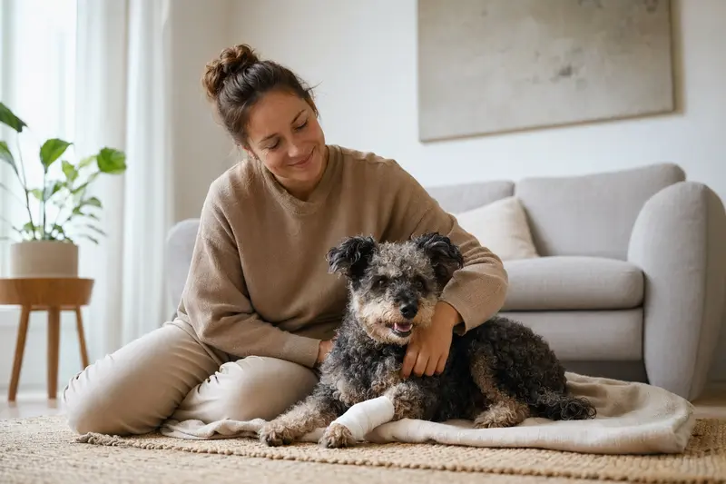Pumi Hund mit leichtem Verband an der Pfote liegt ruhig auf einer Decke neben seinem erleichterten Besitzer in einer hellen Wohnung.