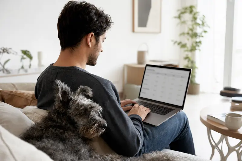 Ein Hundebesitzer sitzt mit seinem Pumi Hund auf dem Sofa und vergleicht tiermedizinische Versicherungen am Laptop.