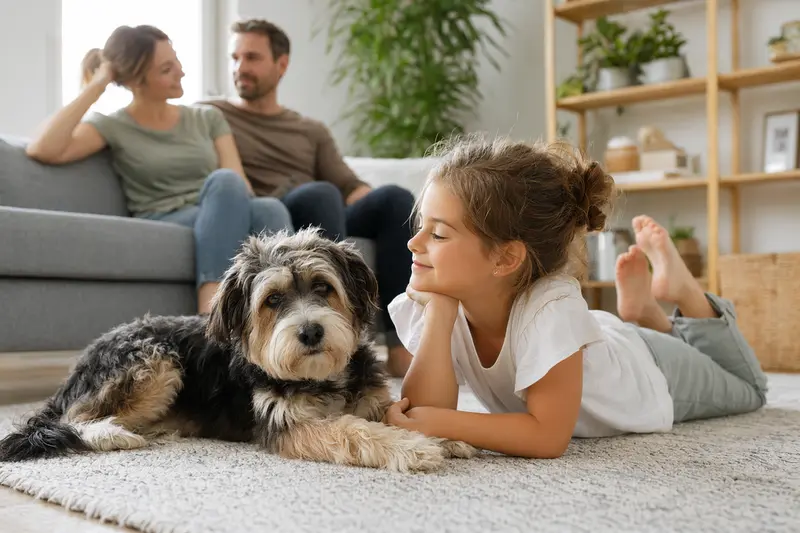 Ein freundlicher Puwo Hund liegt entspannt neben einem Kind im hellen Wohnzimmer, während die Eltern im Hintergrund eine sichere Familienatmosphäre schaffen.