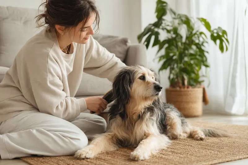 Ein Puwo Hund wird in einer hellen Wohnung sanft von seinem Besitzer gebürstet, was liebevolle Fellpflege und verantwortungsvolle Hundegesundheit zeigt.