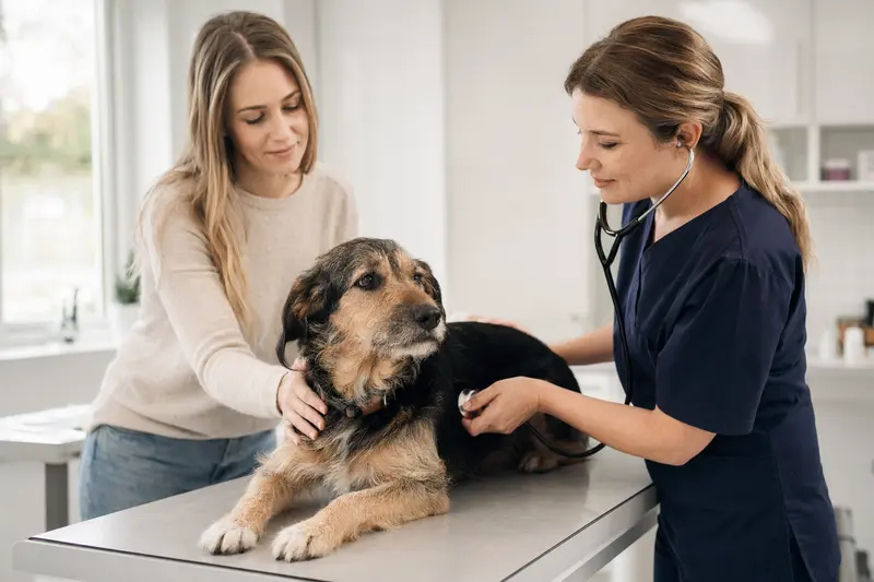 Eine Tierärztin untersucht einen ruhigen Hund mit dem Stethoskop in einer modernen Tierarztpraxis, während der Besitzer beruhigend danebensteht.