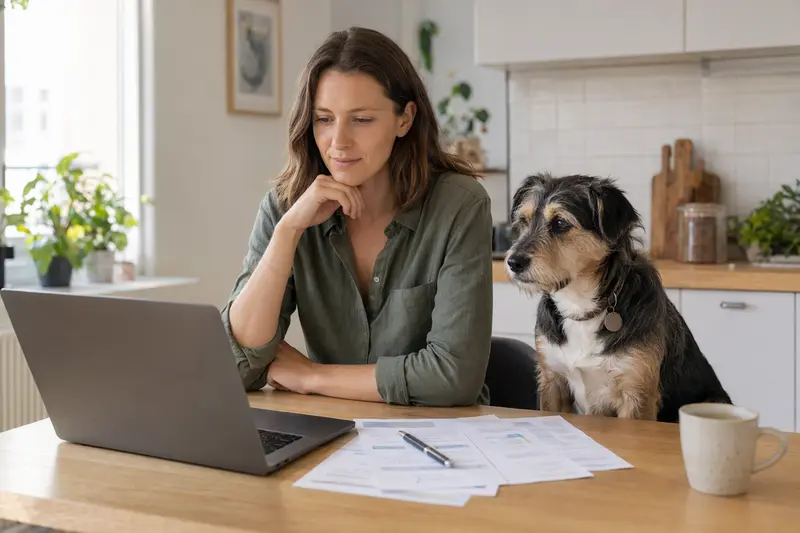 Ein Puwo Hund sitzt ruhig neben seinem Besitzer am Küchentisch, während Versicherungsunterlagen und ein Laptop mit einer neutralen Vergleichsseite bereitliegen.