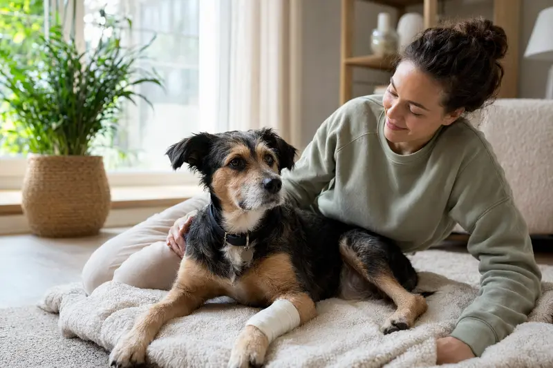 Ein Hund mit leichtem Verband an der Pfote liegt ruhig auf einer Decke, während sein Besitzer entspannt neben ihm sitzt.