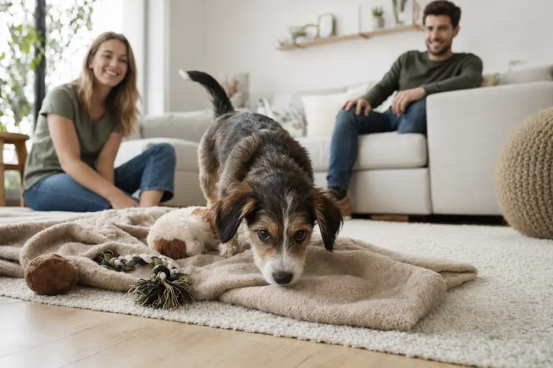 Ein junger Puwo-Welpe entdeckt neugierig sein neues Zuhause in einer hellen Wohnung mit weicher Decke und Spielzeug.