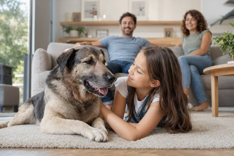 Ein freundlicher Pyrenäen-Schäferhund liegt entspannt neben einem Kind im hellen Wohnzimmer, während die Eltern im Hintergrund eine sichere Familienatmosphäre schaffen.