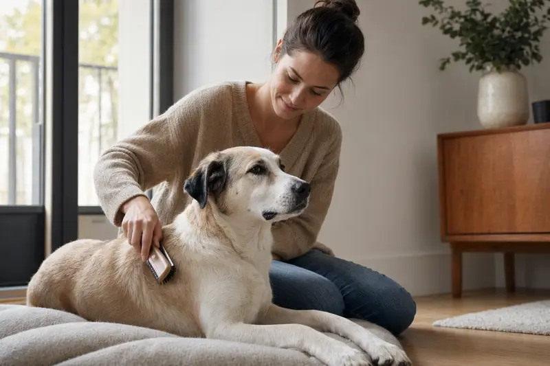 Ein Pyrenäen-Schäferhund mit kurzem Fell wird in einer hellen Wohnung sanft gebürstet, während sein Besitzer die Fellpflege liebevoll übernimmt.