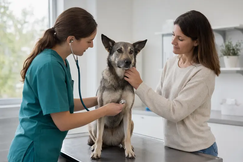Eine freundliche Tierärztin untersucht einen ruhigen Pyrenäen-Schäferhund mit dem Stethoskop in einer hellen Tierarztpraxis, während der Besitzer beruhigend danebensteht.