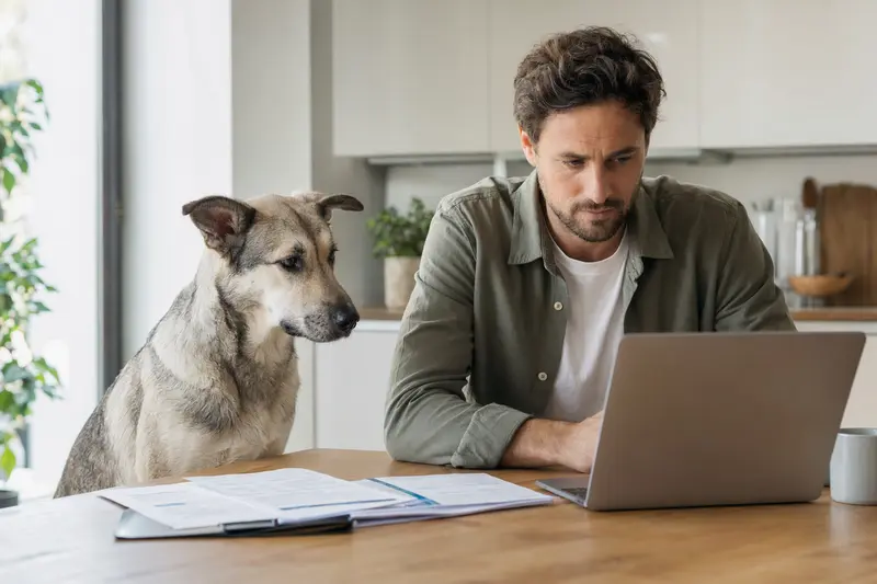 Ein Pyrenäen-Schäferhund mit Kurzhaar sitzt ruhig neben seinem Besitzer am Küchentisch mit Versicherungsunterlagen und einem Laptop zur Tierkrankenversicherung.