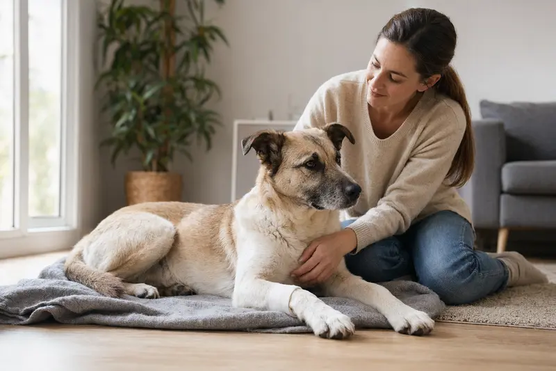 Ein Pyrenäen-Schäferhund mit leicht verbundenem Pfotenverband liegt ruhig auf einer Decke, während sein Besitzer erleichtert neben ihm sitzt.