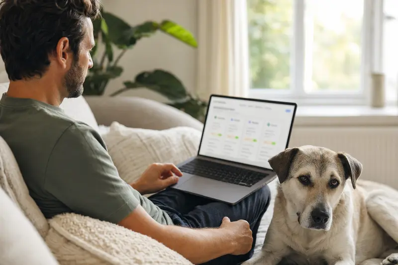 Besitzer mit Laptop auf dem Sofa neben einem Pyrenäen-Schäferhund, der eine neutrale Versicherungsvergleichsseite betrachtet.