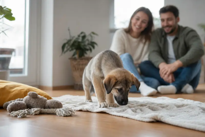 Ein junger Pyrenäen-Schäferhund-Welpe entdeckt neugierig sein neues Zuhause mit weicher Decke und Spielzeug im Vordergrund.