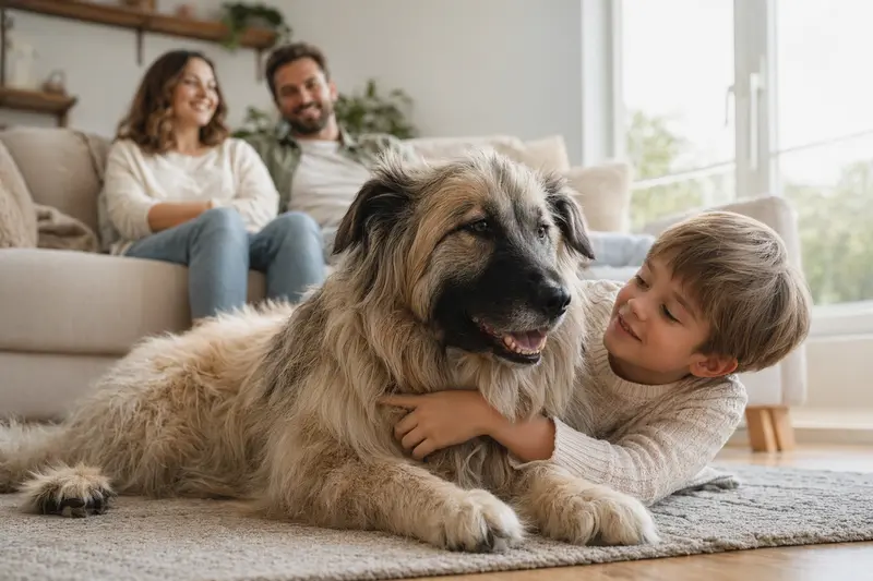 Ein entspannter Pyrenäen-Schäferhund liegt neben einem Kind in einer warmen Familieumgebung.