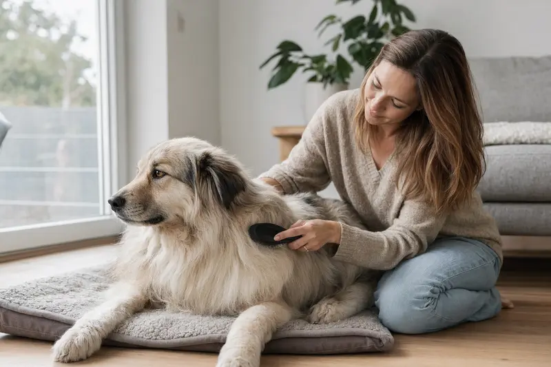 Ein Pyrenäen-Schäferhund wird in einer hellen Wohnung sanft gebürstet, während der Besitzer liebevoll um die Fellpflege kümmert.