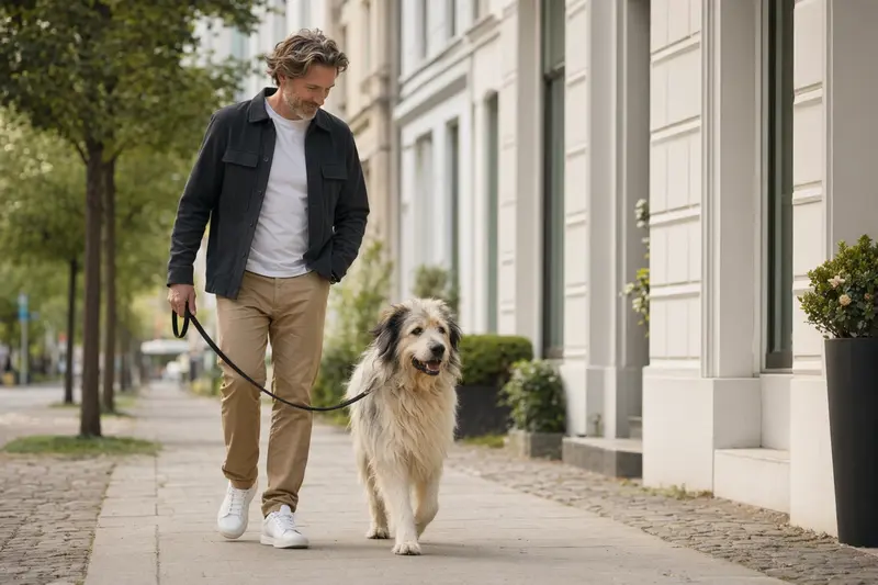 Ein Pyrenäen-Schäferhund läuft mit seinem Besitzer an der Leine durch eine moderne Stadtstraße.