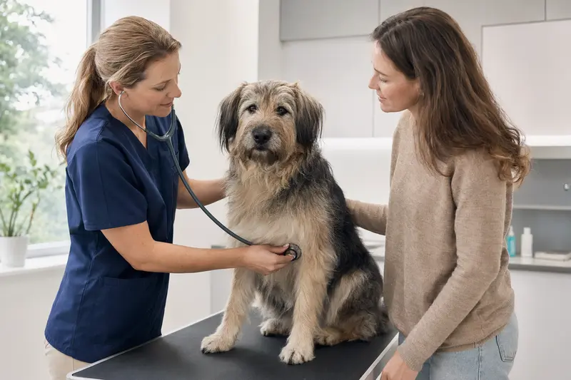 Ein ruhiger Pyrenäen-Schäferhund wird behutsam von einer freundlichen Tierärztin mit einem Stethoskop in einer modernen Praxis untersucht, während der Besitzer beruhigend daneben steht.