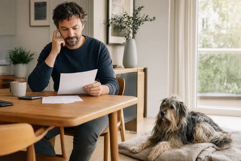 Besitzer sitzt mit Tierarztrechnung am Tisch, während ein entspannter Pyrenäen-Schäferhund auf einer Decke in der hellen Wohnung liegt.