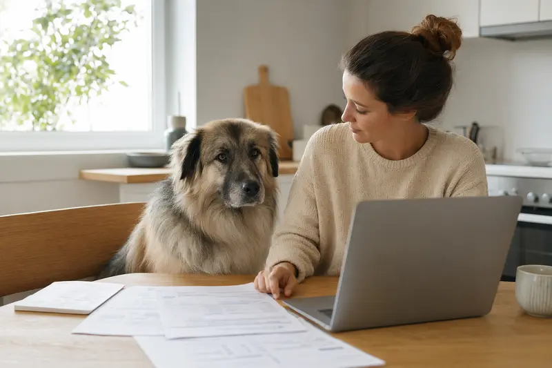 Ein ruhiger Pyrenäen-Schäferhund sitzt neben seinem Besitzer am Küchentisch, während Versicherungsunterlagen und ein Laptop auf dem Tisch liegen.