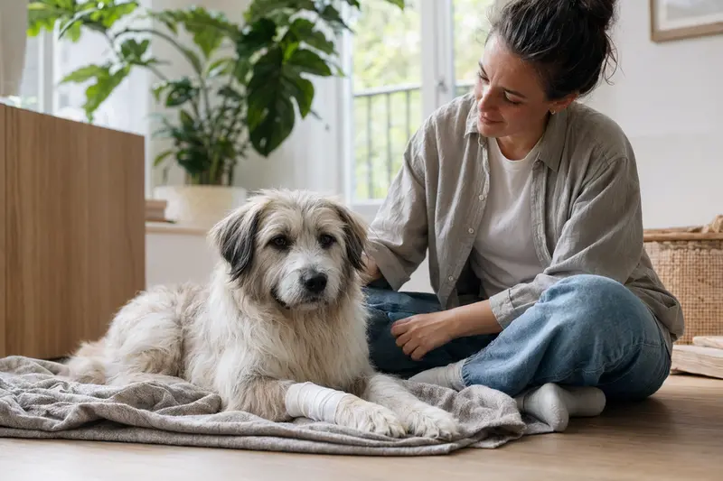 Ein Pyrenäen-Schäferhund mit Verband an der Pfote liegt ruhig auf einer Decke neben seinem besorgten Besitzer in einer hellen Wohnung.