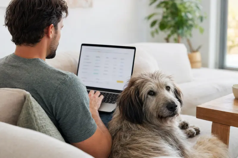 Ein Hundebesitzer sitzt mit einem Pyrenäen-Schäferhund auf dem Sofa und vergleicht Tierversicherungen am Laptop.
