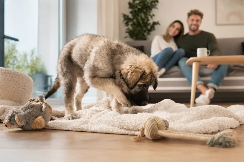 Ein neugieriger Pyrenäen-Schäferhund Welpe erkundet seine neue, freundliche Wohnung und spielt mit einem Spielzeug.