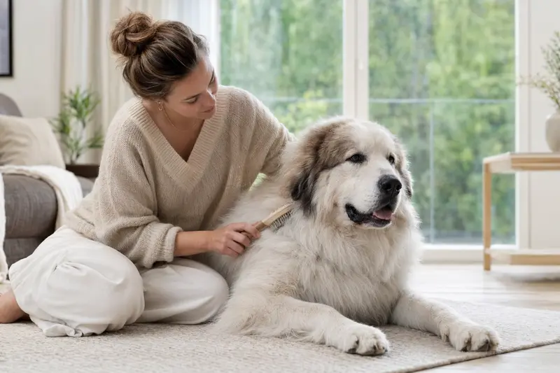 Ein Pyrenäenberghund wird in einer hellen Wohnung sanft gebürstet, während sich der Besitzer liebevoll um die Fellpflege kümmert.