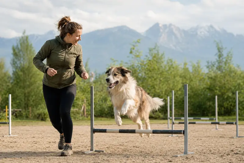 Ein Pyrenäenberghund springt beim Training mit seinem Besitzer über eine kleine Hürde auf dem Hundeplatz.