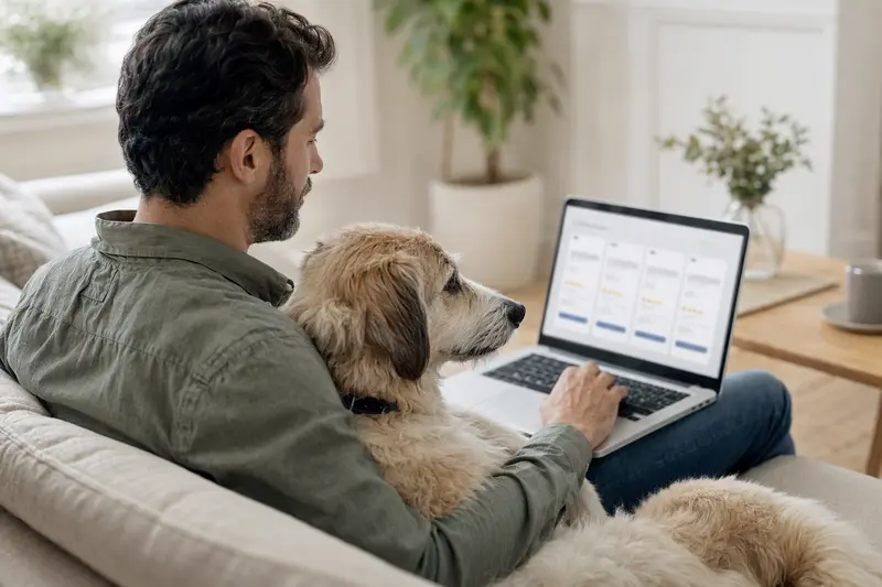 Ein Hundebesitzer sitzt mit einem Pyrenäenberghund auf dem Sofa und vergleicht Versicherungen auf seinem Laptop.