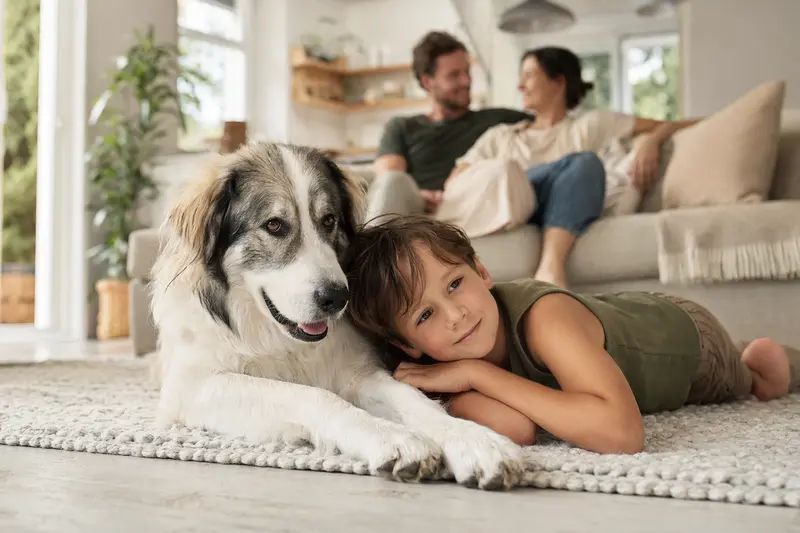 Ein freundlicher Pyrenäenhund liegt entspannt neben einem Kind im Wohnzimmer, während die Eltern im Hintergrund stehen und eine sichere Familienatmosphäre entsteht.