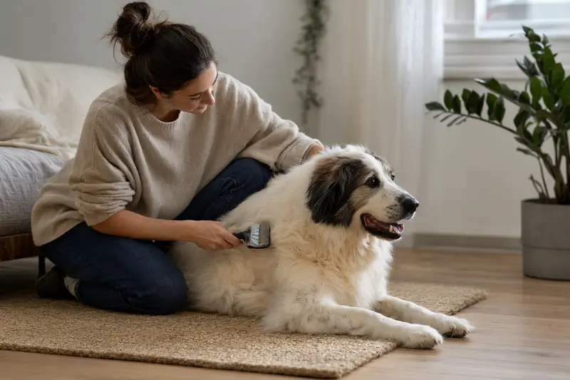 Ein Pyrenäenhund wird in einer hellen Wohnung liebevoll gebürstet, während der Besitzer die Fellpflege ruhig und aufmerksam übernimmt.