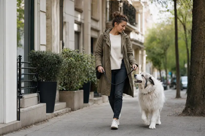Ein Pyrenäenhund läuft an der Leine mit seinem Besitzer durch eine freundliche moderne Stadtstraße.