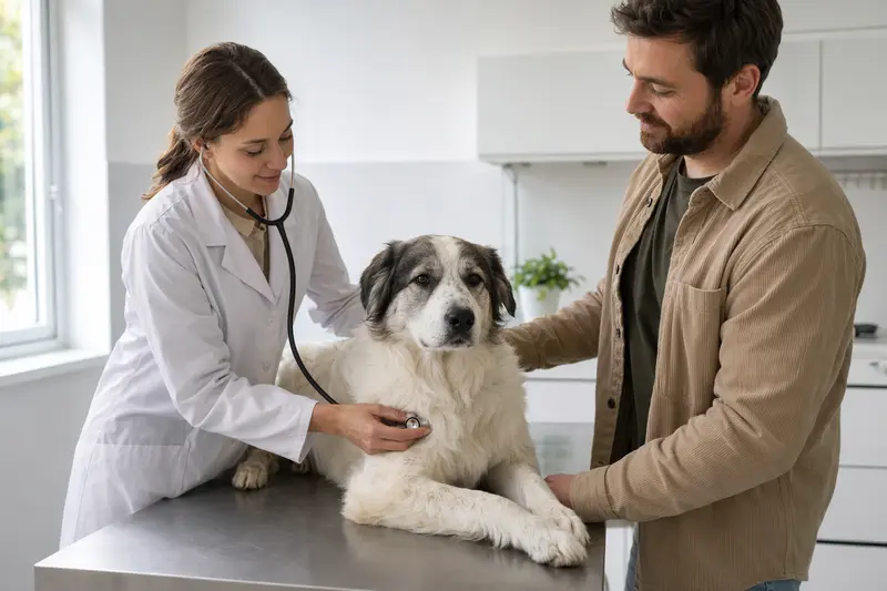 Ein ruhiger Pyrenäenhund wird von einer freundlichen Tierärztin behutsam mit einem Stethoskop untersucht, während sein Besitzer beruhigend daneben steht.